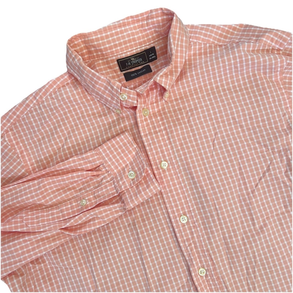 F.R. Tripler Mens Large Button Down Shirt Peach Check Plaid 100%‎ Cotton Preppy